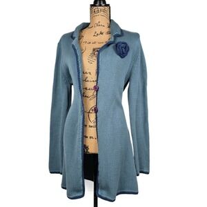 Monterey Bay Clothing Co Blue Cotton Knit Cardigan Crochet Flower Button Front M